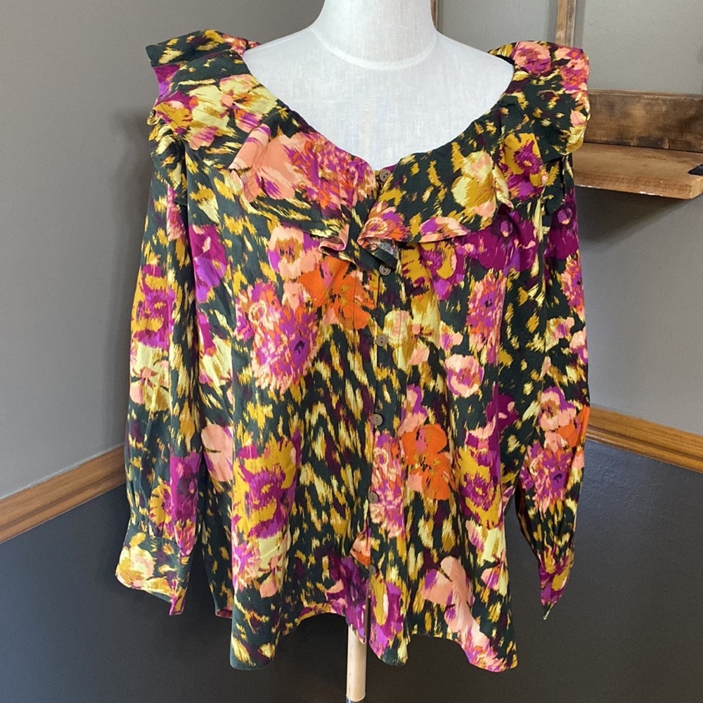 Terra & sky multicolored floral ruffle collar top size 14W